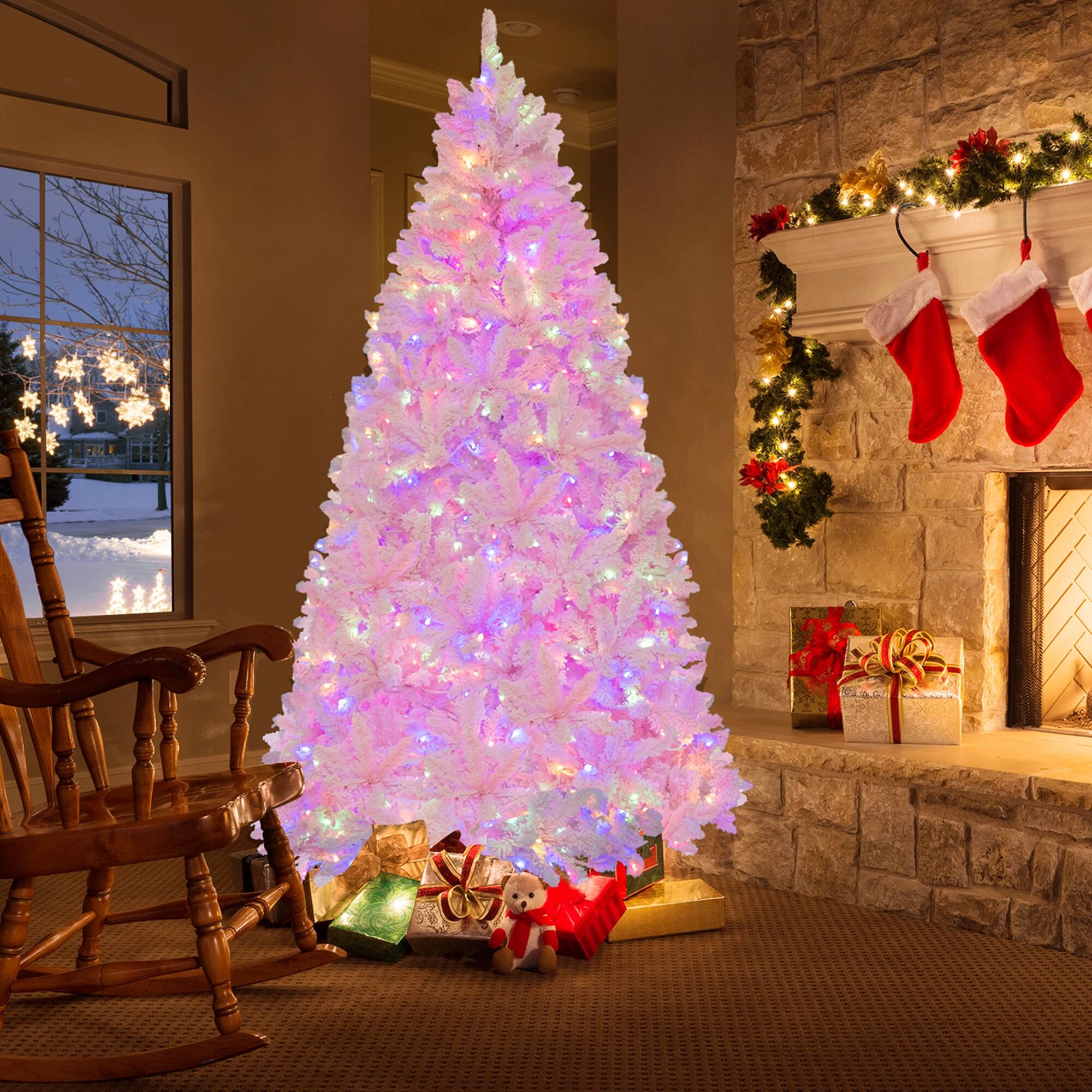 Alt View 11. Costway - 7 FT Flocked Artificial Christmas Tree Hinged with 500 LED Lights 1200 Branch Tips - Pink.