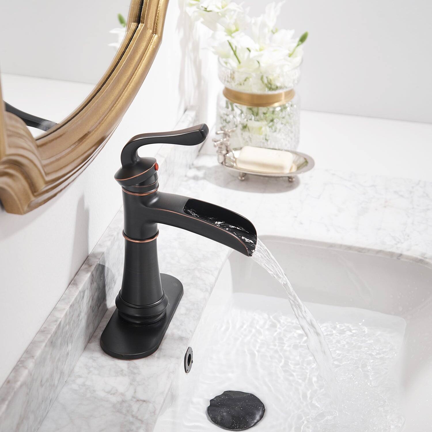 Alt View 4. Boyel Living - Single Handle Waterfall Bathroom Faucet 1-Hole with Deckplate and Pop-up Drain in Oil Rubbed Bronze - Oil Rubbed Bronze.