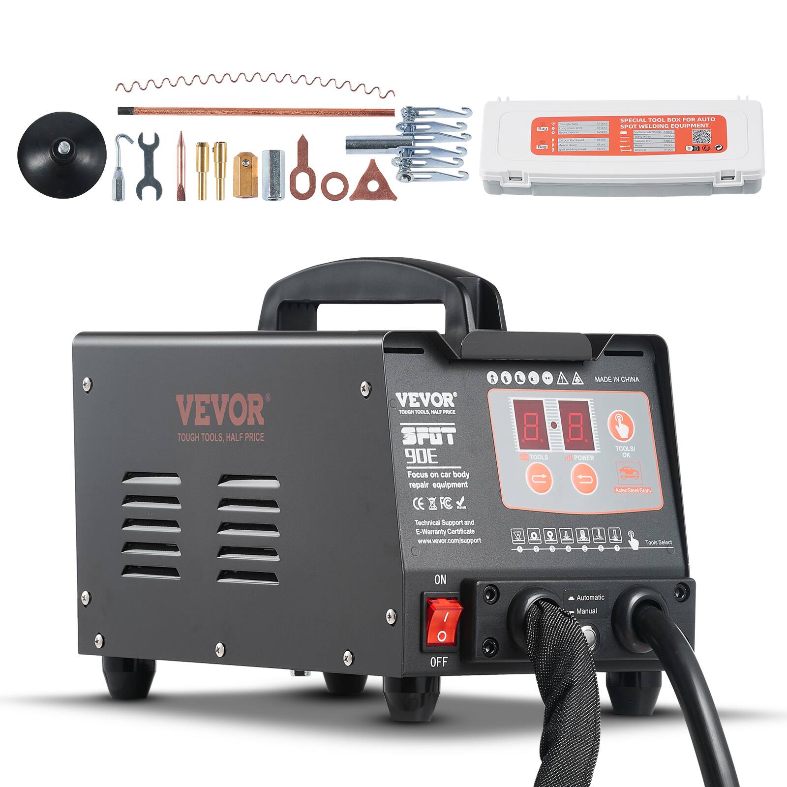 - may
mangeries ? -
- -  FORT -
SPECIAL TOOL BOX FOR AUTO SPOT WELDING EQUIPMENT - - - 
VEVOR TOUGH TOOLS, HALF PRICE
VEVOR TOUGH TOOLS, HALF PRICE SPOT 90E Focus on can body repair equipment  Technical Support and E-Warranty Certificate www.vevor.com/support
TOOLS
MADE IN CHINA TOOLSI OK POWER AcerSeelStan Todal Saled
ON
Automatic
/ O
Manual
OFF