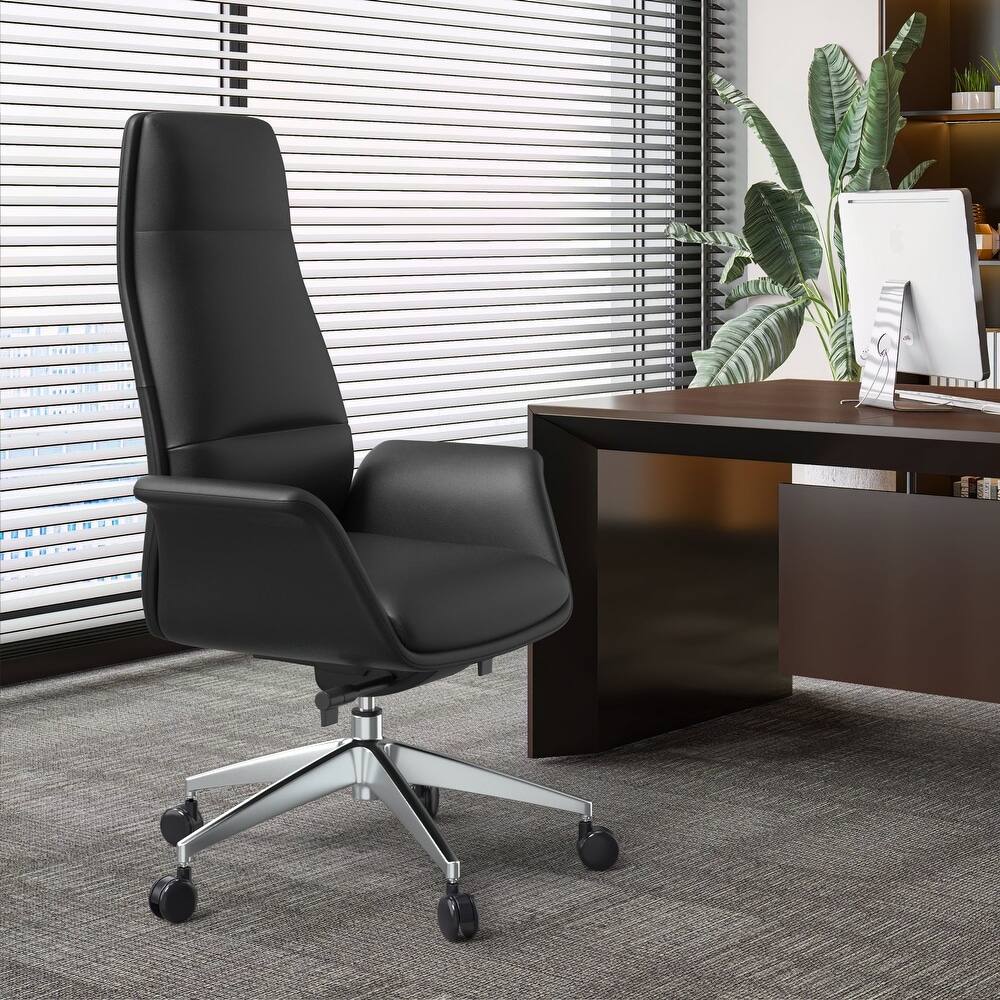Angle. LeisureMod - Summit High-Back Swivel Leather in Metal Frame Office Desk Chair with Adjustable Height, Tilt & Plush Cushion - Black.