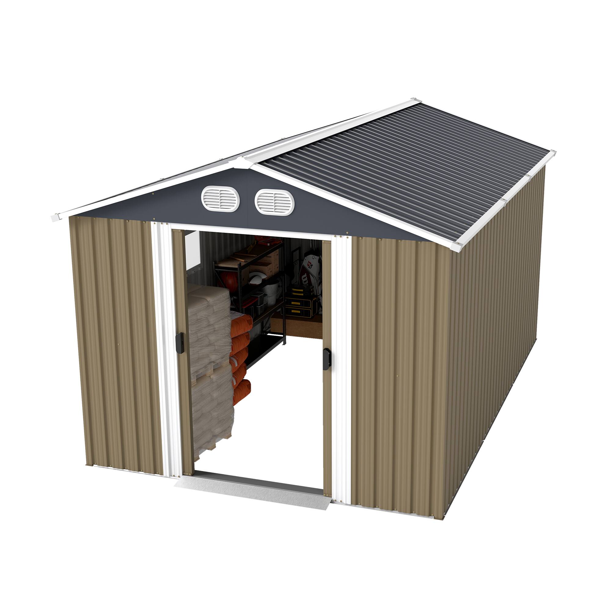 Alt View 7. Loheer - Loheer 8x12 FT Outdoor Metal Storage Shed Waterproof Garden Tool Shed with Lockable Door for Backyard Lawn Brown.