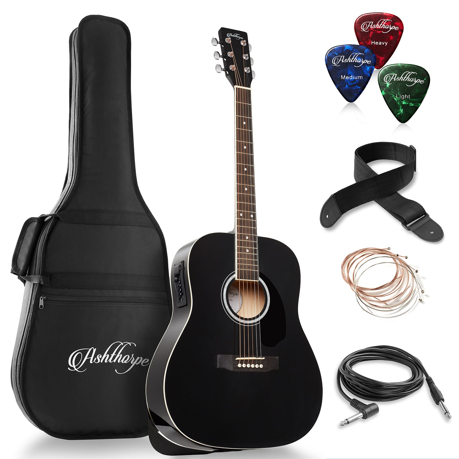Ashthorpe - Full-Size Dreadnought Acoustic-Electric Guitar Bundle - Tonewoods - Black