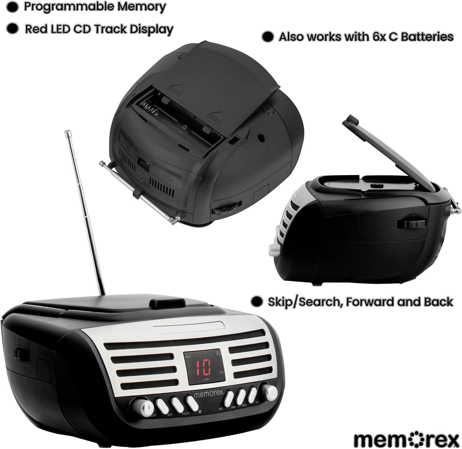 Programmable Memory, Red LED CD Track Display, Also works with 6x C Batteries, Skip/Search, Forward and Back, 10 memorex.