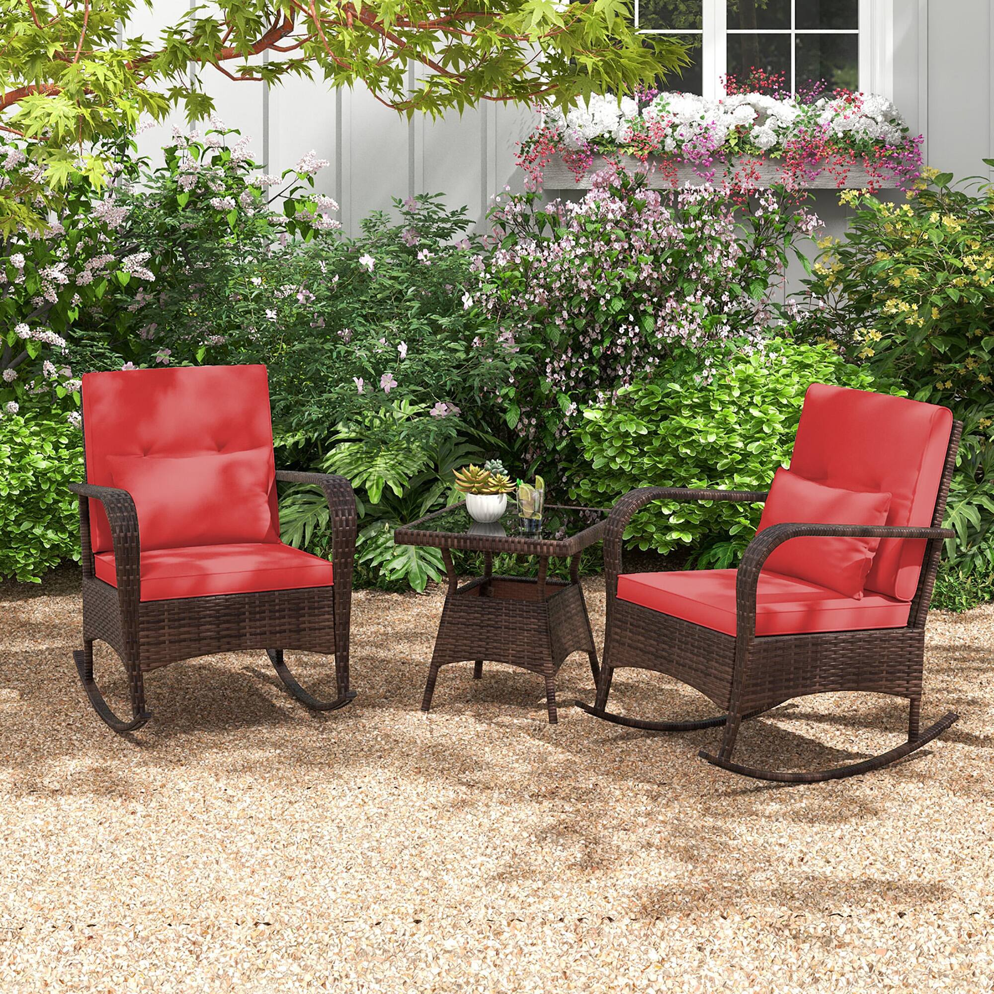 Alt View 1. Gymax - Gymax 3 Piece Outdoor Rocking Set Rattan Rocker Chairs w/ Tempered Glass Coffee Table Red - Red, Mix Brown.