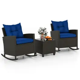 Costway 3 PCS Patio Wicker Rocking Set with Tempered Glass Table & Soft Cushions Outdoor - Navy