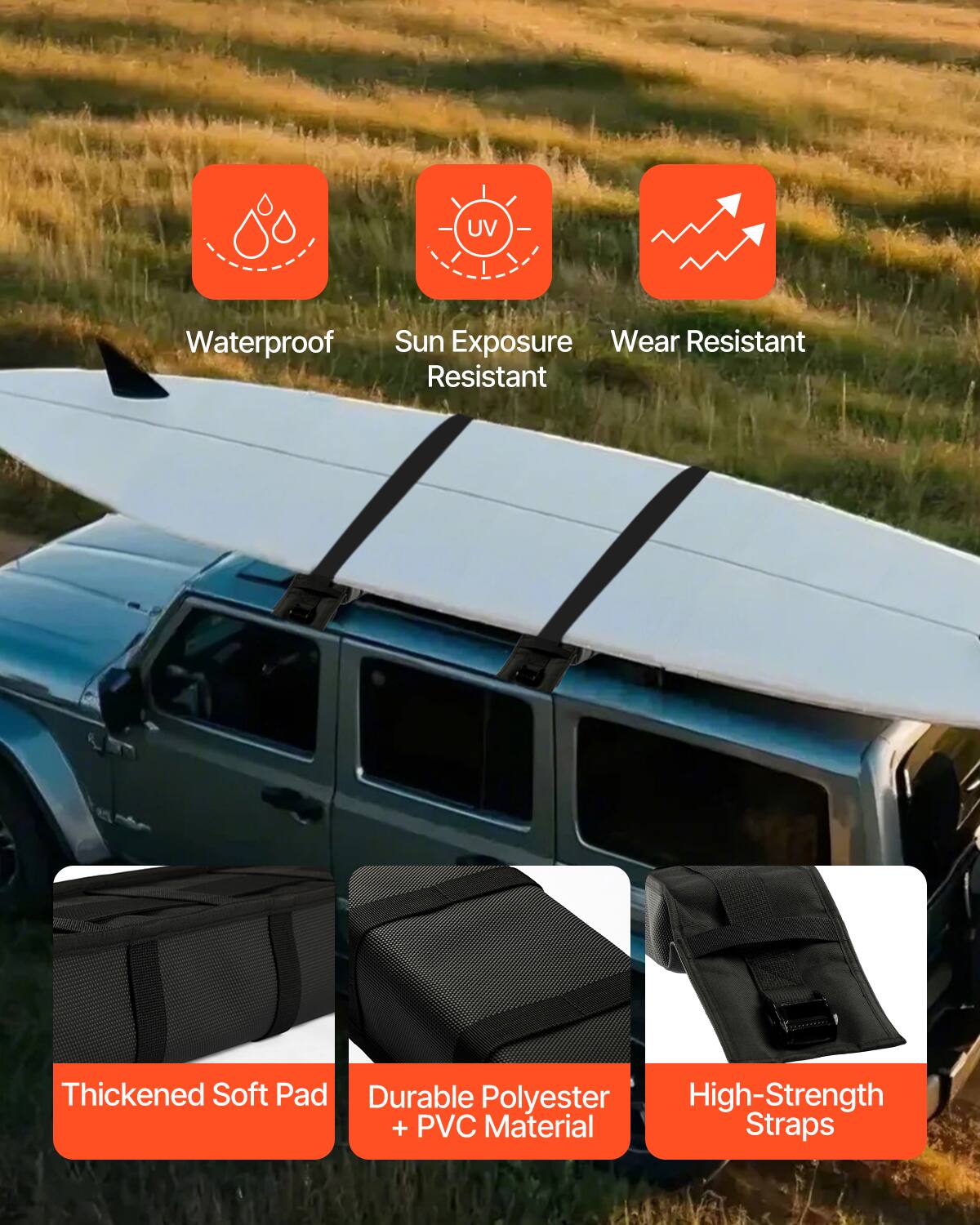 - Waterproof
- Sun Exposure Resistant
- Wear Resistant
- Thickened Soft Pad
- Durable Polyester + PVC Material
- High-Strength Straps