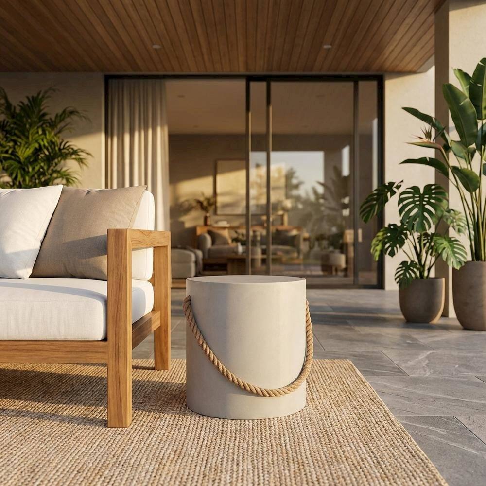 Angle. Outdoor Escape - Concrete Side Table With Rope Detail For Indoor And Outdoor Use - Gray.