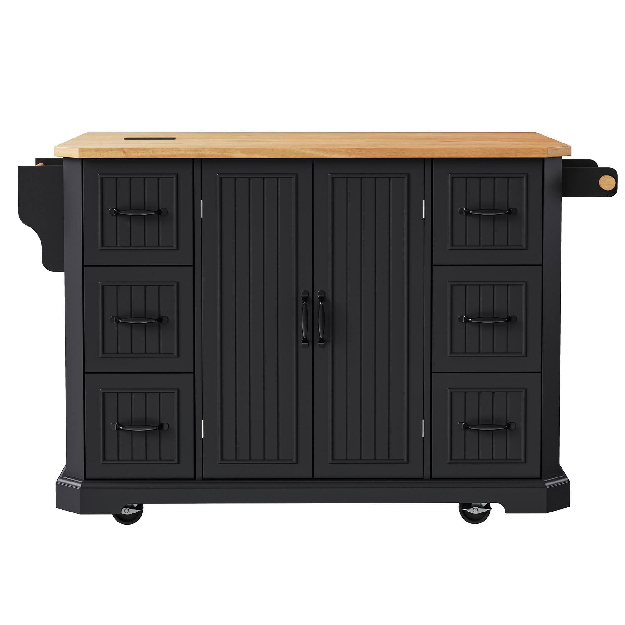 Back. Whisen - 56" Kitchen Island with Drop Leaf, Power Outlet, 6 Drawers & Storage Cabinets, Rubber Wood Veneer Cart - Black.
