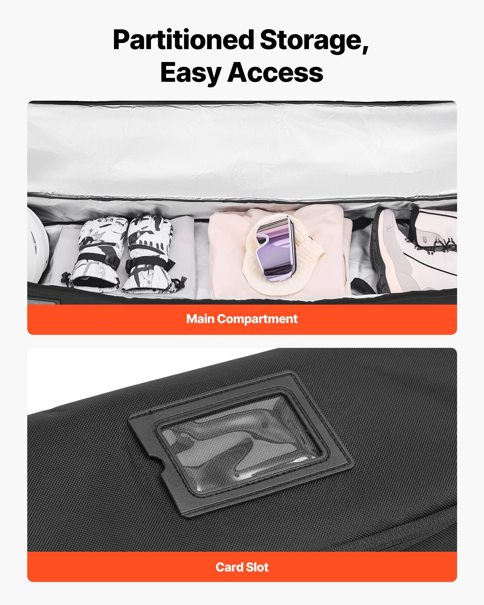 Partitioned Storage, Easy Access

Main Compartment

Card Slot