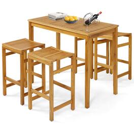 Costway - 5 PCS Acacia Wood Bar Table Set 45" Rectangular Dining Table & 4 Saddle Stools - Natural