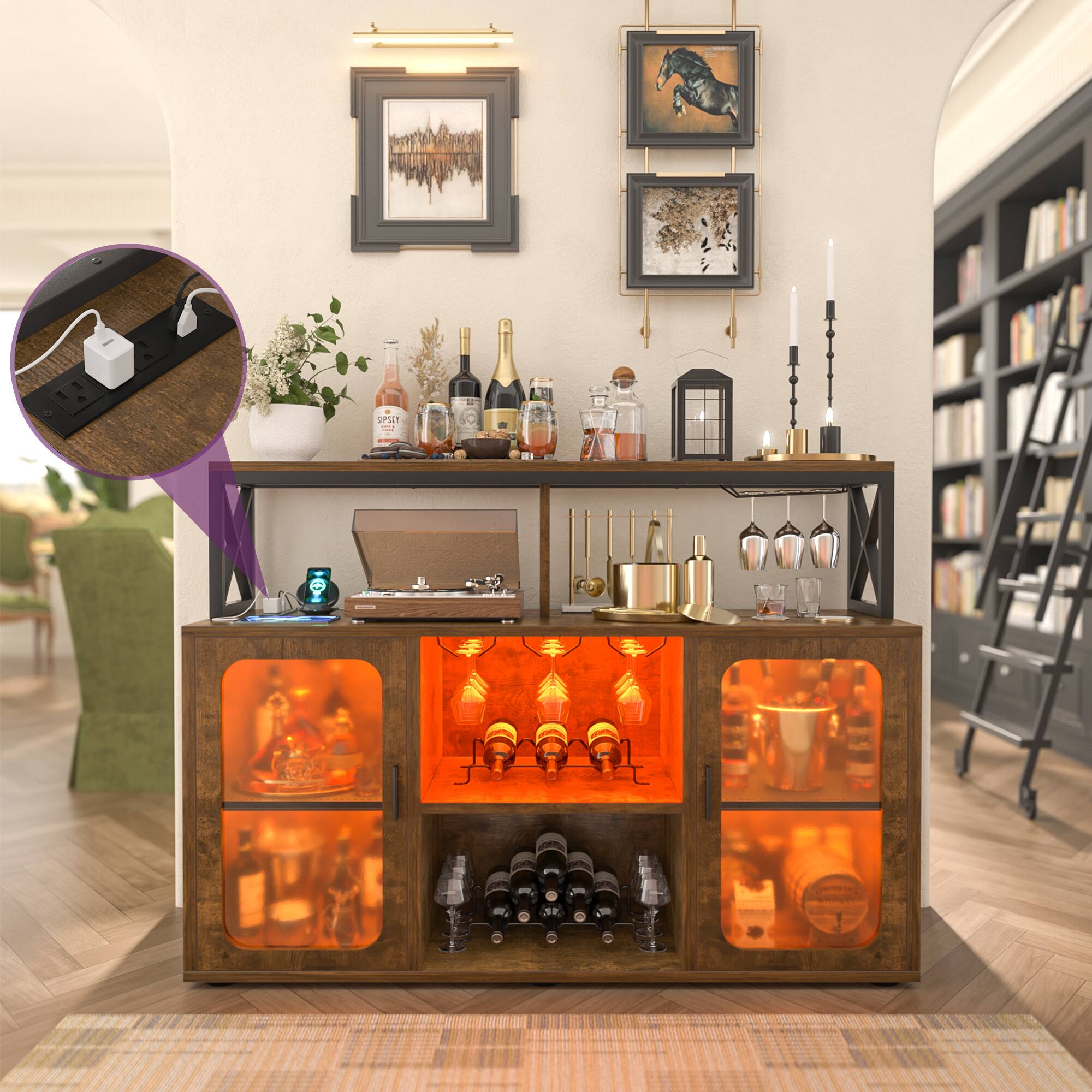 Alt View 2. Aheaplus - Bar Cabinet with Power Outlets & LED Lights, Glass Holder, Wine Rack,Multi-functional Storage Buffet for Home/Kitchen - Rustic Brown.