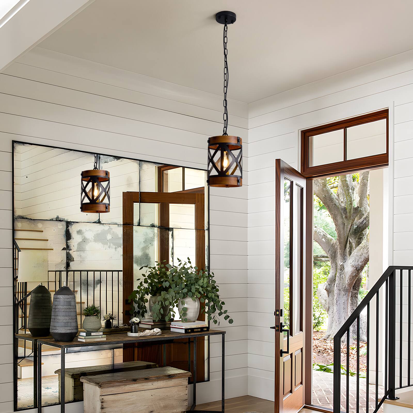 Alt View 2. Siljoy - 7-In Industrial Cage Pendant Light Black Wood Grain Lantern E26 Adjustable Height Kitchen Dining Entryway - Brown.
