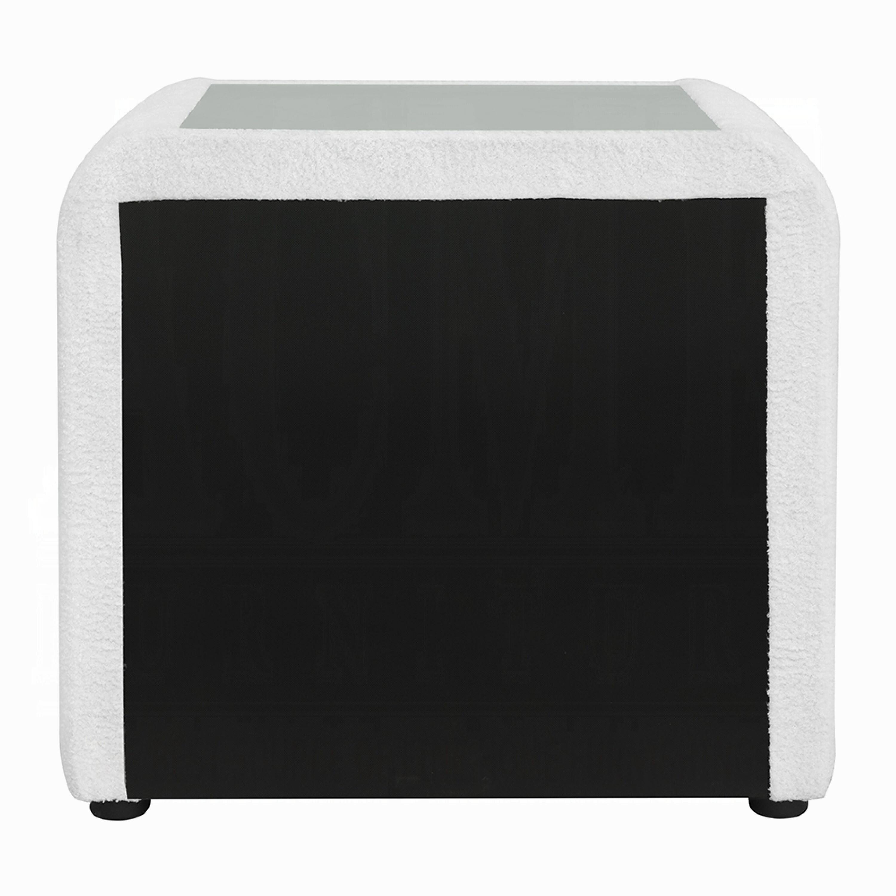 Back. Manhattan Lane - Kery Glass Top Nightstand, 2 Drawers, Teddy Sherpa Upholstery - White, Chrome, Black.