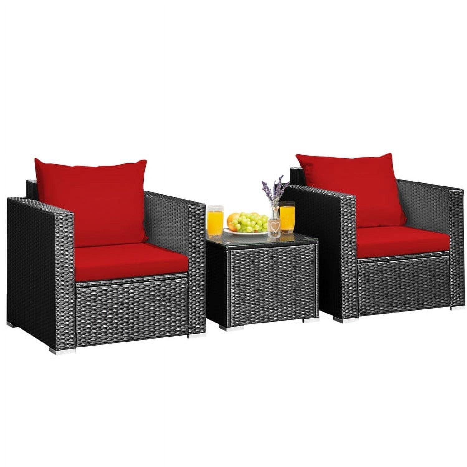 Back. Pefilos - 3 Pieces Patio Wicker Conversation Set, Patio Outdoor Furniture Conversation Sets with Coffee Table and Cushions-Red - Red.