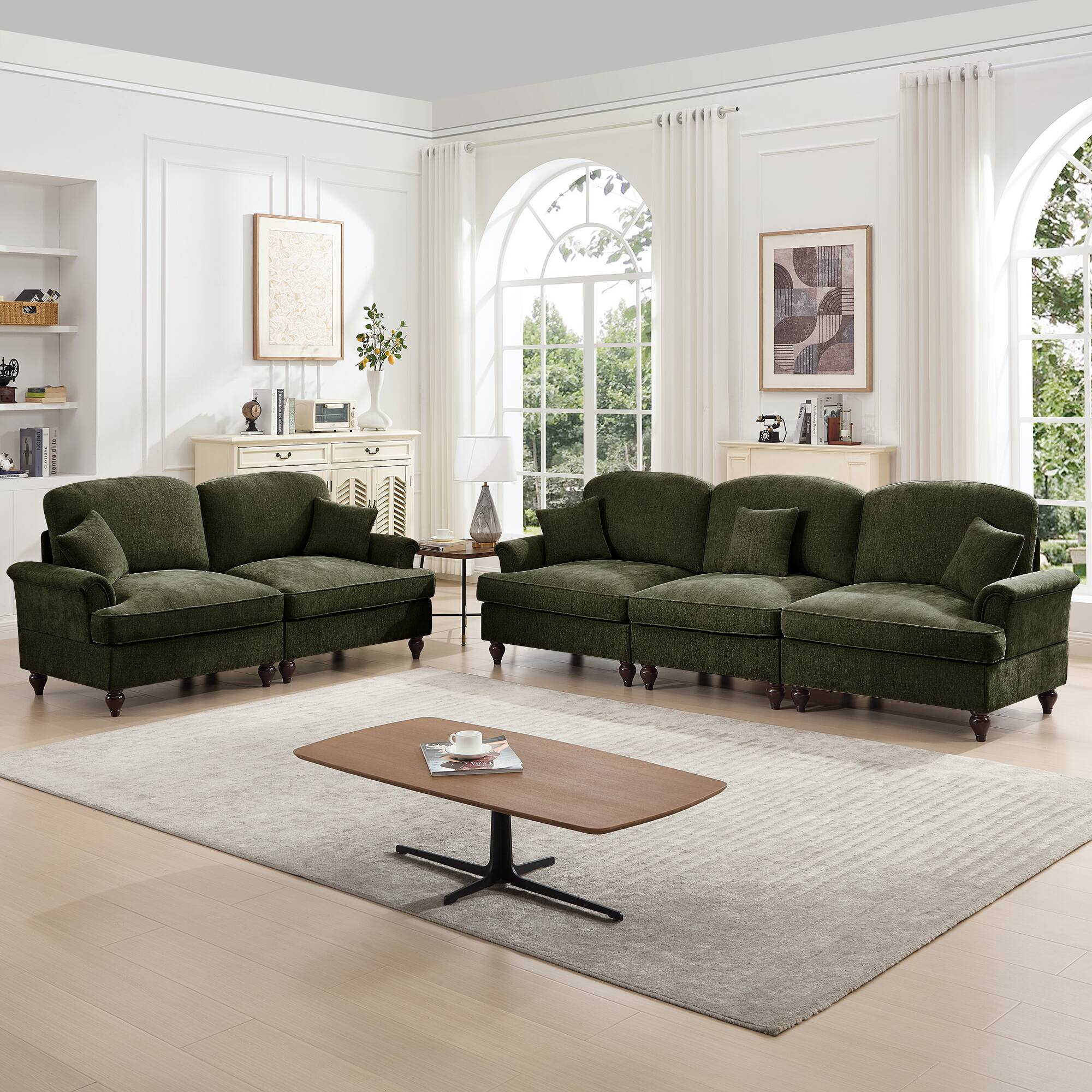 Angle. Anysun - Classic 2-Piece Chenille Sofa Set (3+2 Seat Sofa) - Flared Arms, Ruffled Skirt & Spindle Legs for Living Room - Green.
