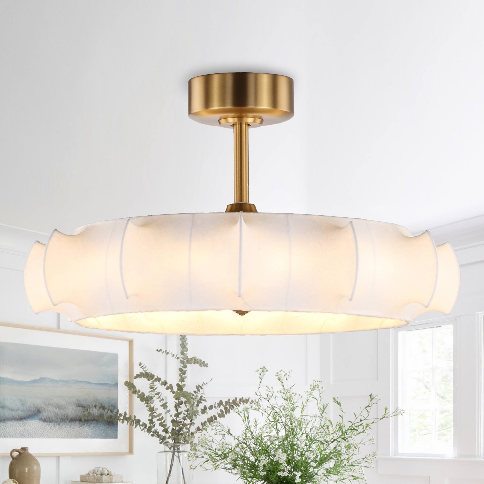 Front. Perimost - 30" Farmhouse White Silk 3-blade Fandelier Ceiling Fan with Light and Remote - Gold.