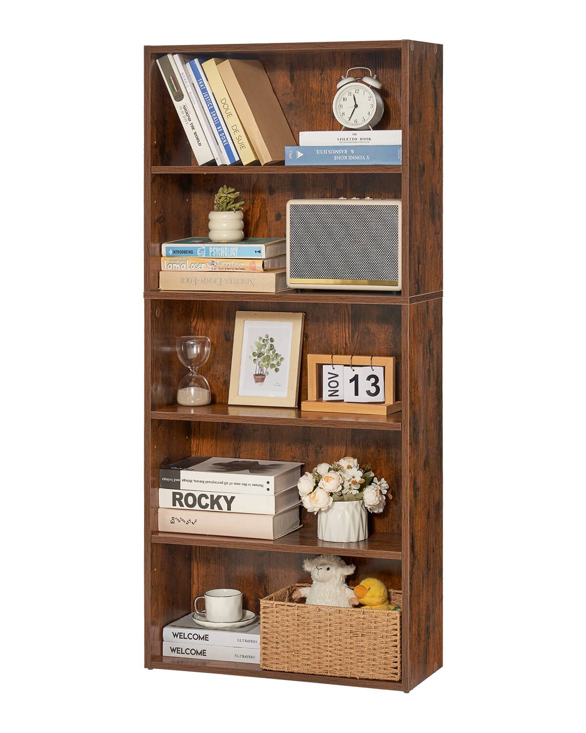 VEVOR - 5 Tiers Narrow Bookshelf, 53 in Wooden Open Bookcase with Height-Adjustable Shelf, Freestanding Tall Display Bookcase - Brown