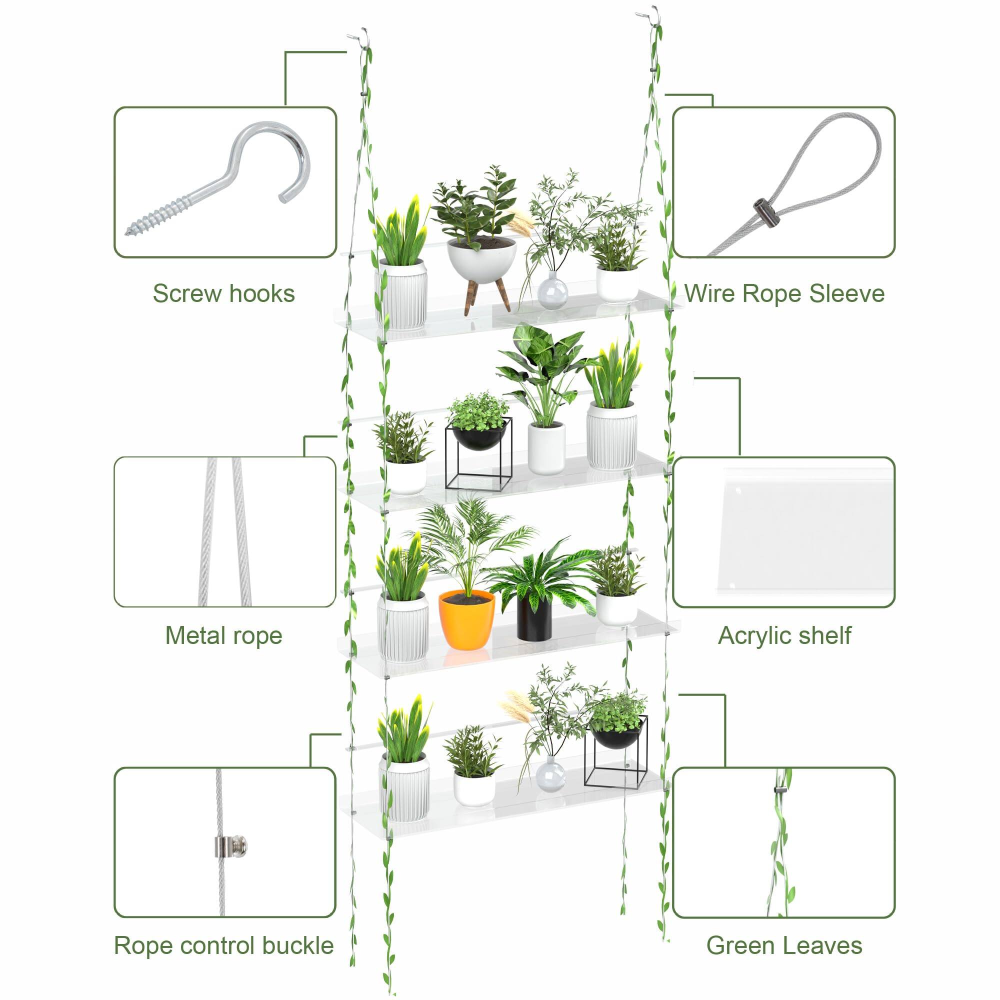 - Screw hooks
- Wire Rope Sleeve
- Metal rope
- Rope control buckle
- Acrylic shelf
- Green Leaves