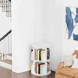 Tooloton - 360-Degree Rotating Bookcase, 2-Tier Spinning Shelf Unit, Revolving Storage Carousel Organizer - White