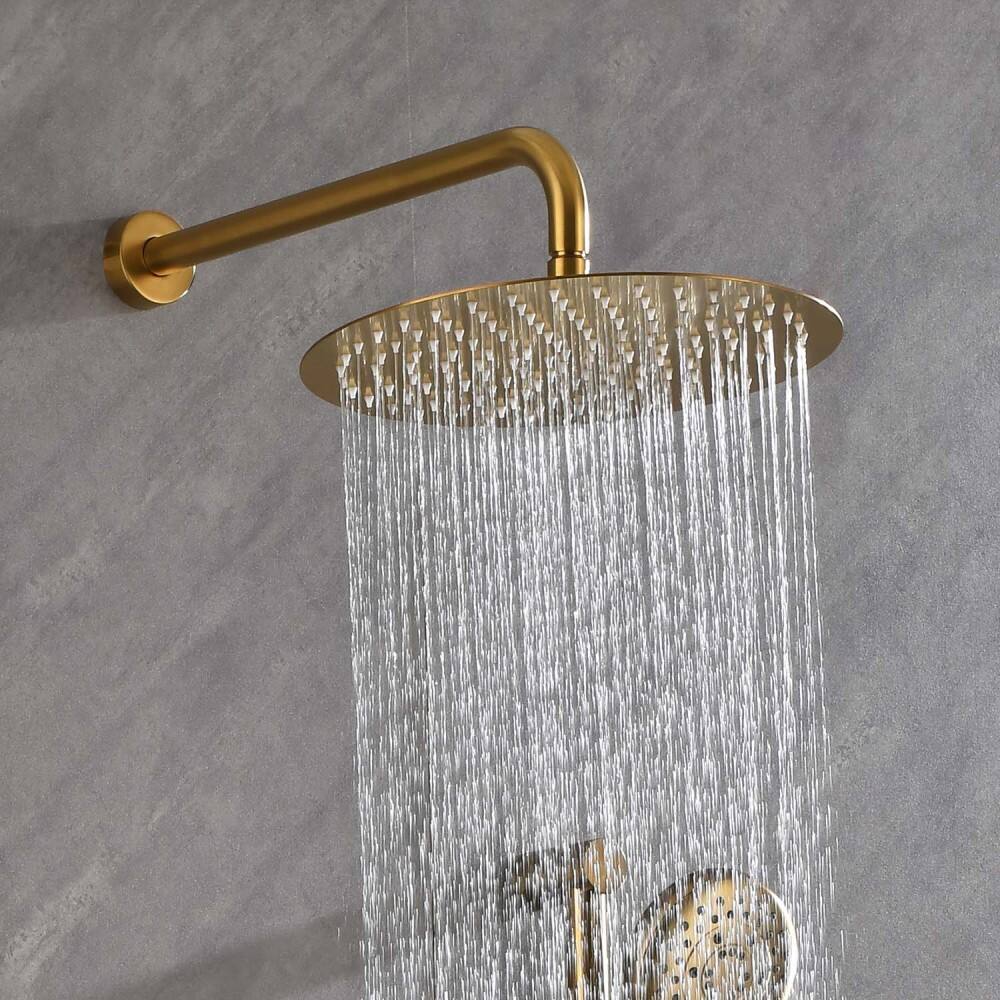 Angle. JUJABU - Brushed Gold Shower System with Shower Head, Slide Bar, Bodysprays, Shower Arm, Hose, Valve Trim, and Lever Handles - Brushed Gold.