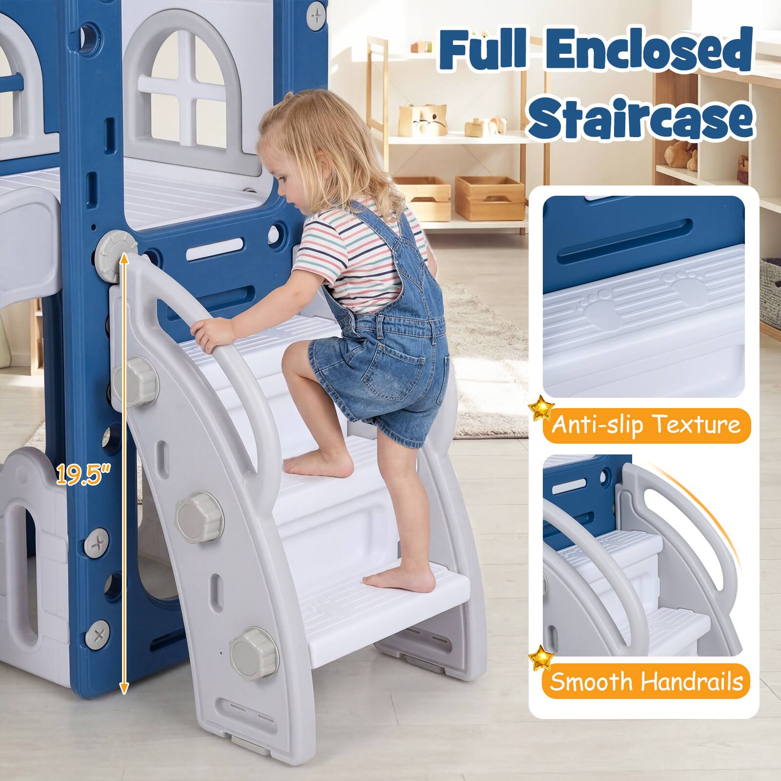 Full Enclosed Staircase  
19.5"  
Anti-slip Texture  
Smooth Handrails