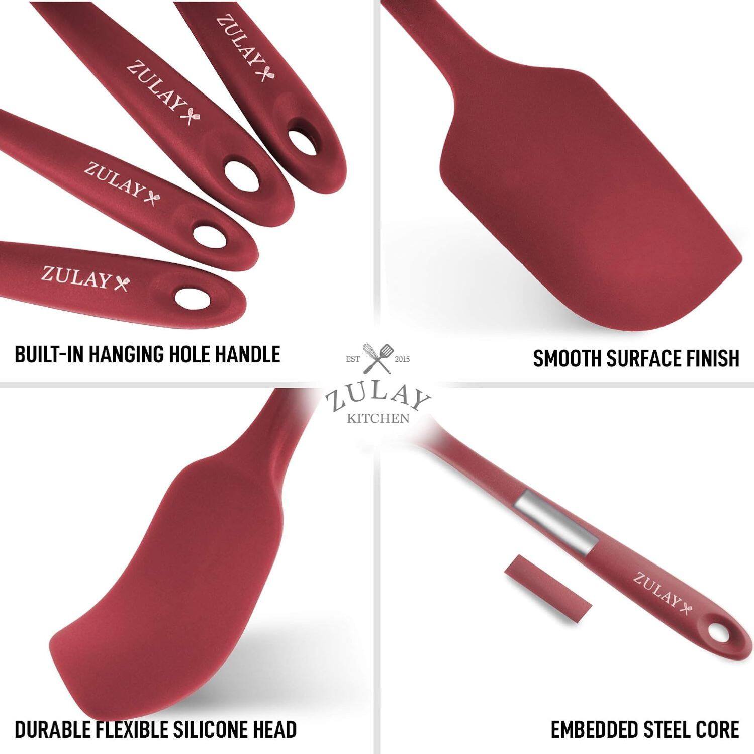 ZULAY X  
ZULAY X  
ZULAY X  
ZULAY  
BUILT-IN HANGING HOLE HANDLE  
EST 2015 ZULAY KITCHEN  
SMOOTH SURFACE FINISH  
ZULAY X  
DURABLE FLEXIBLE SILICONE HEAD  
EMBEDDED STEEL CORE