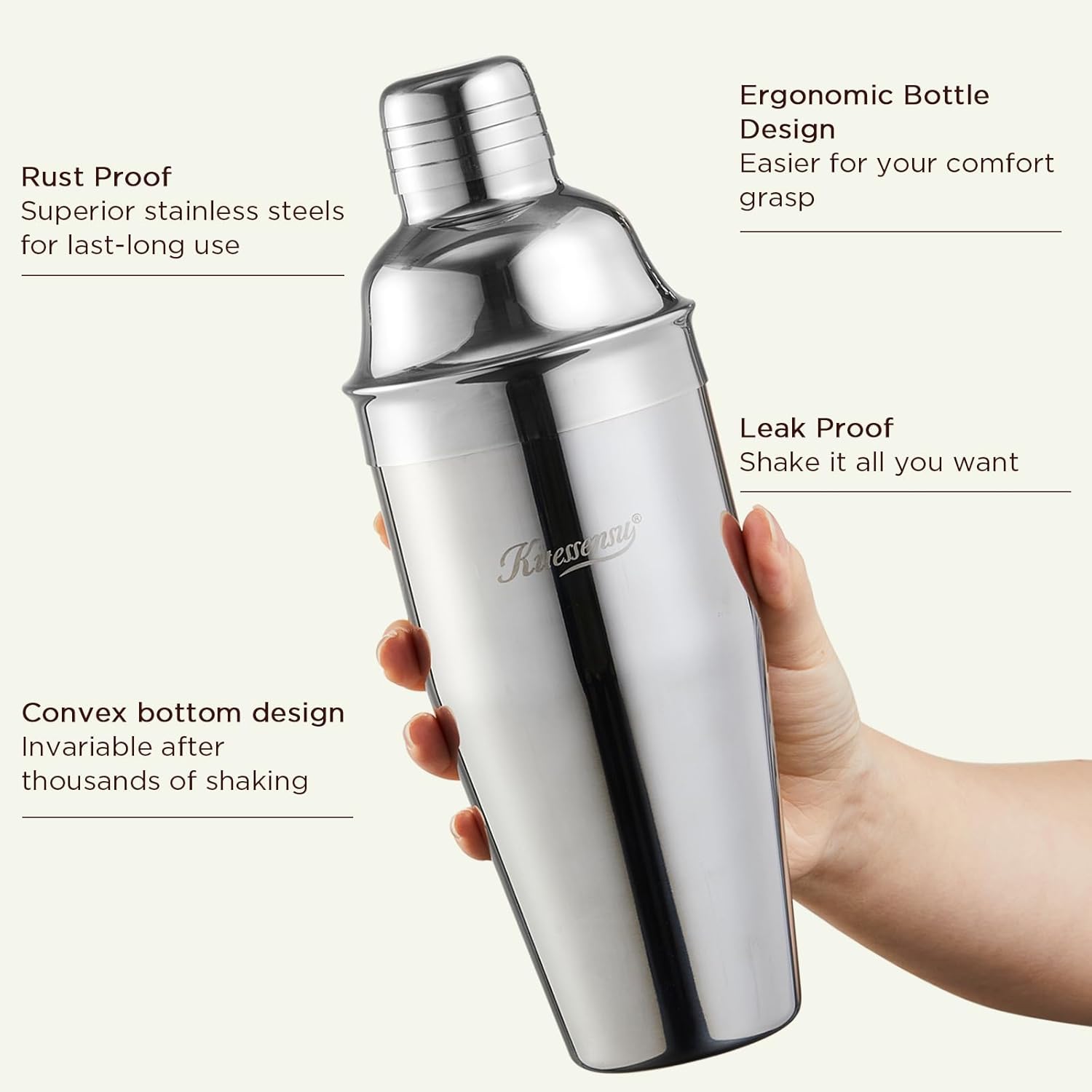 - Rust Proof  
  Superior stainless steels for last-long use

- Ergonomic Bottle Design  
  Easier for your comfort grasp

- Leak Proof  
  Shake it all you want

- Convex bottom design  
  Invariable after thousands of shaking