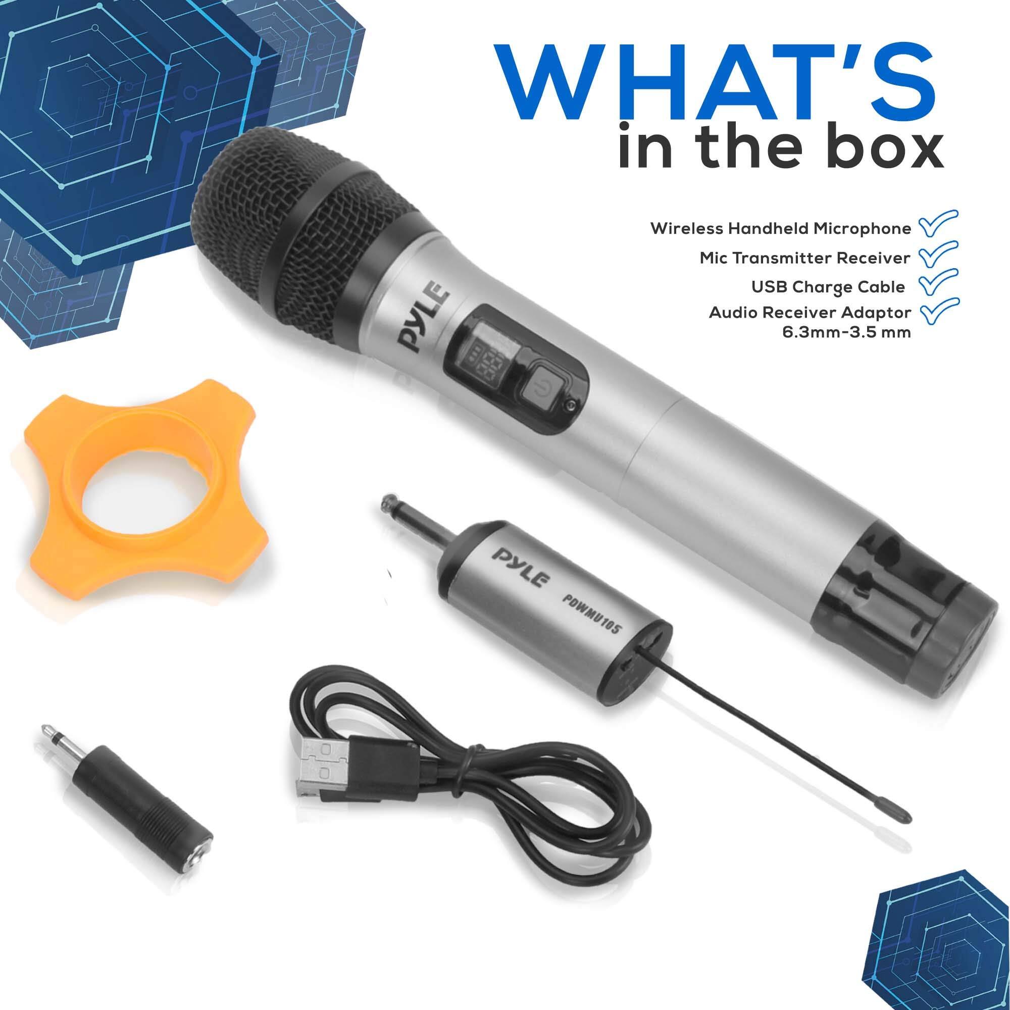 WHAT'S in the box

PYLE Wireless Handheld Microphone Mic Transmitter Receiver USB Charge Cable Audio Receiver Adaptor 6.3mm-3.5 mm PYLE POWMU105