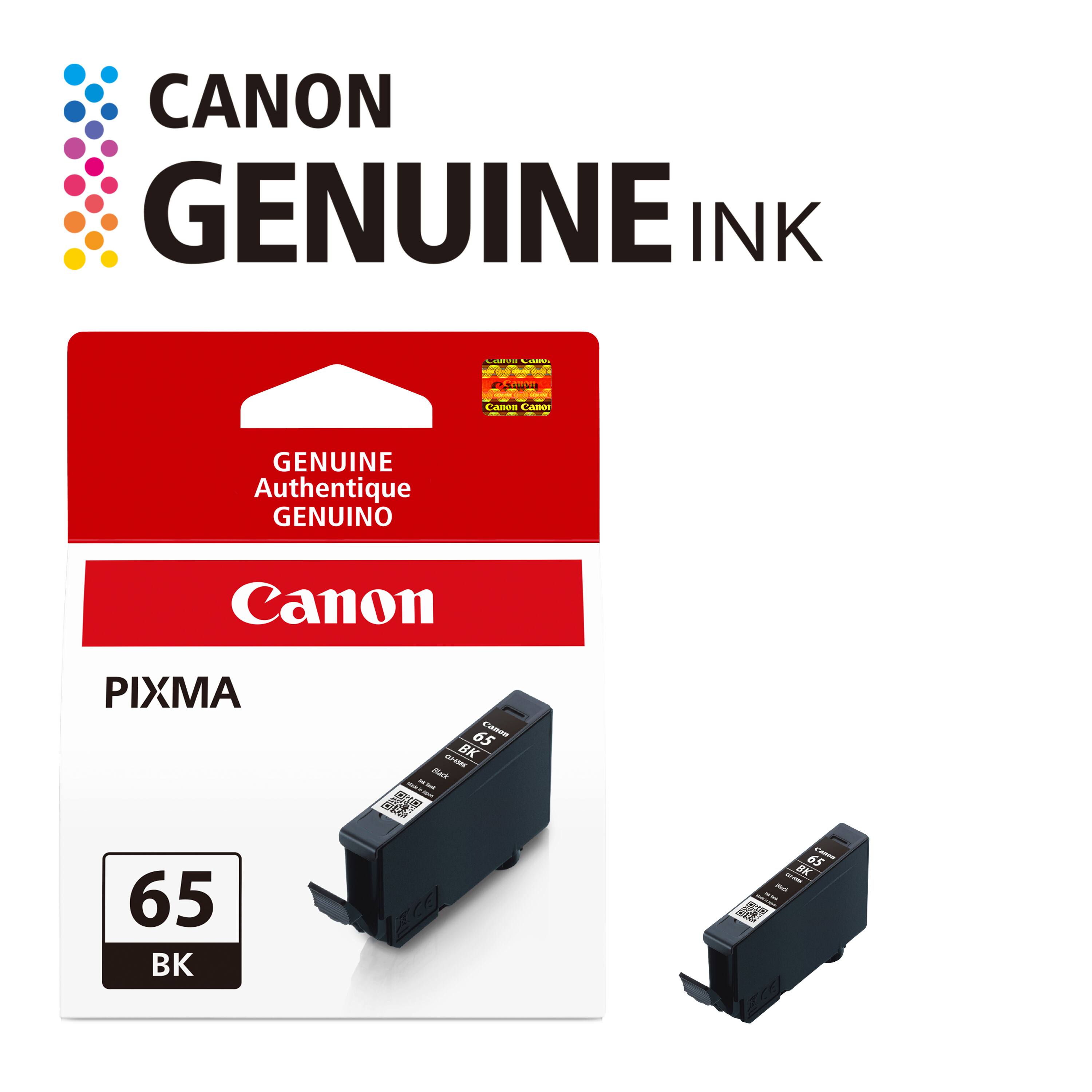 CANON GENUINE INK

Caliva Camps

10% JKJ GUY

SAME SOLIDA 2013

Canon Camer

GENUINE Authentique GENUINO

Canon

PIXMA

65 Canon CLASSER BK Black With's -

65 BK

65 -  BK Rack MW 1 1