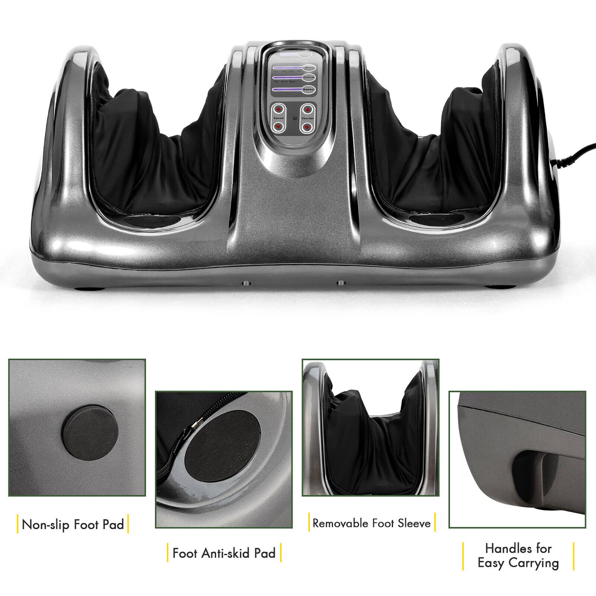 The image features a foot massager with a non-slip foot pad and a removable foot sleeve. The massager also comes with handles for easy carrying.