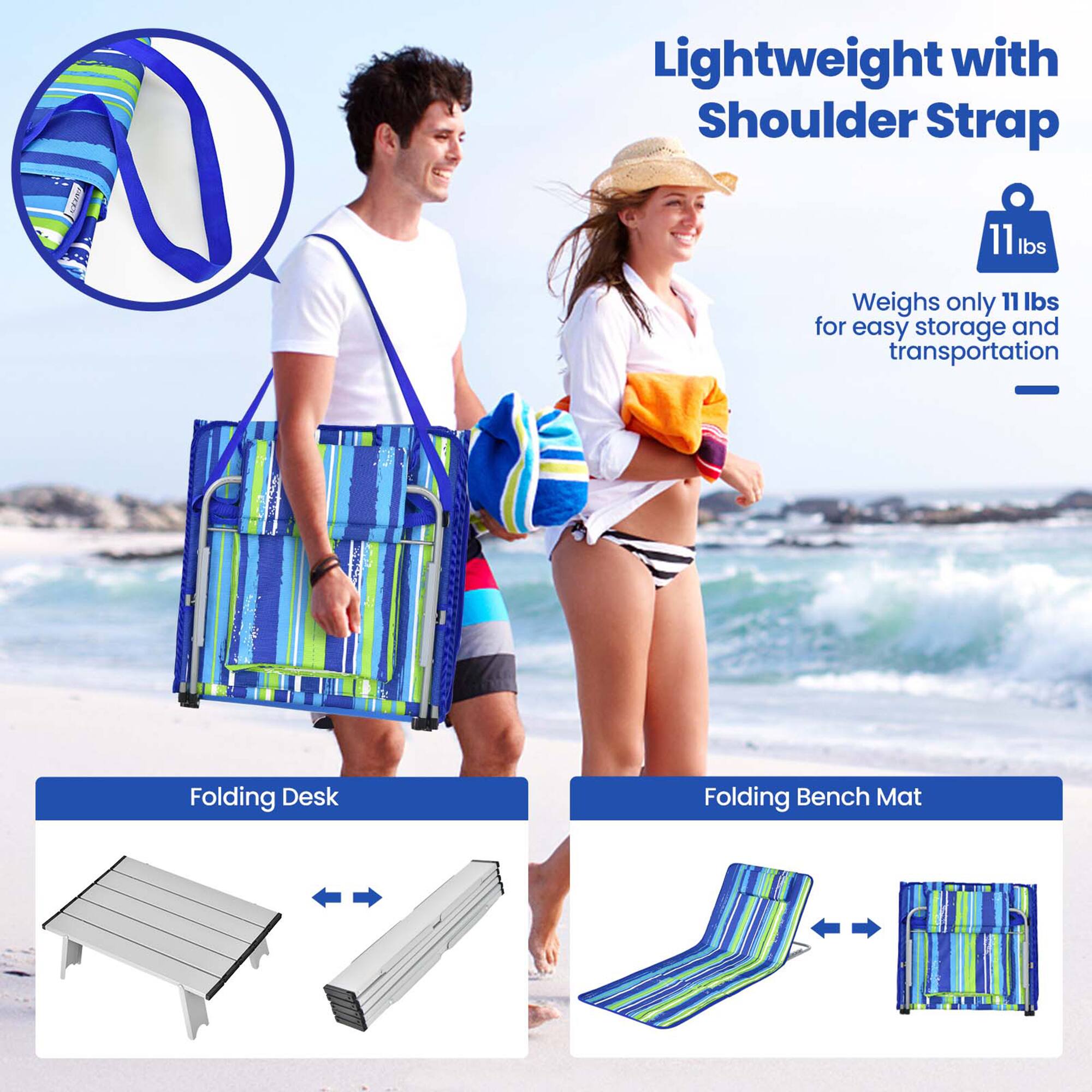 Lightweight with Shoulder Strap  
Weighs only 11 lbs for easy storage and transportation  

Folding Desk  

Folding Bench Mat