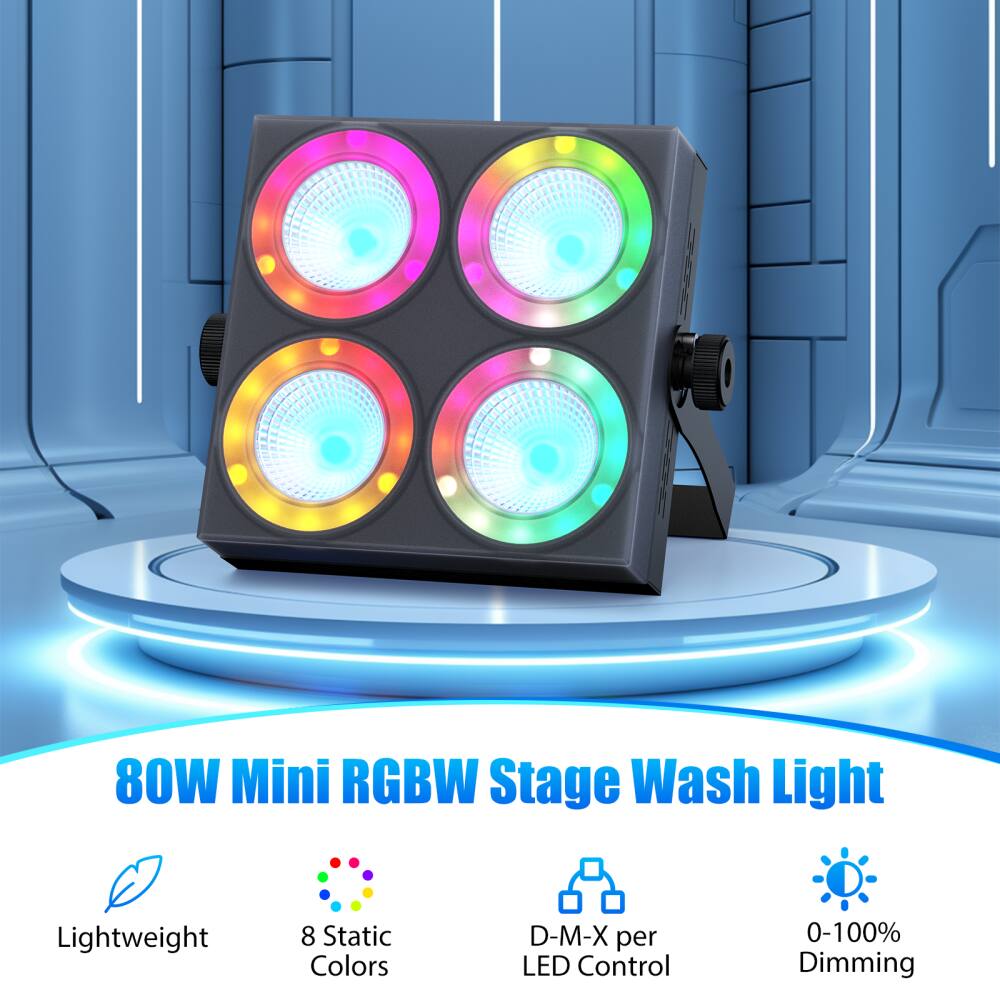 80W Mini RGBW Stage Wash Light  
Lightweight  
8 Static Colors  
D-M-X per LED Control  
0-100% Dimming