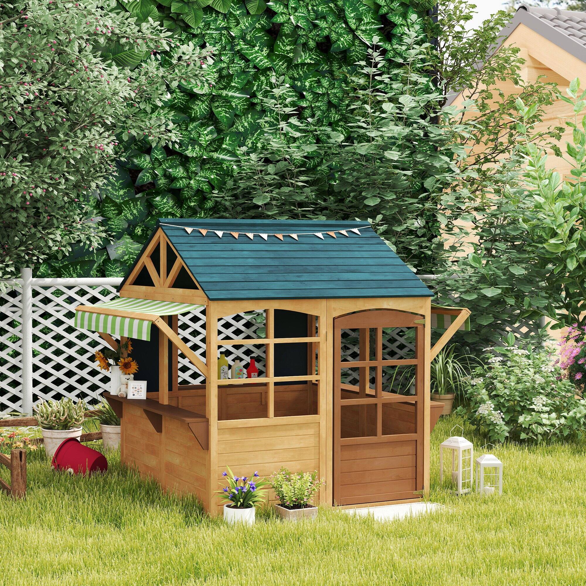 Alt View 1. Qaba - Outdoor Playhouse, Foldable Kids Cottage with Windows, Working Door, Snack Bars, Waterproof Covers.