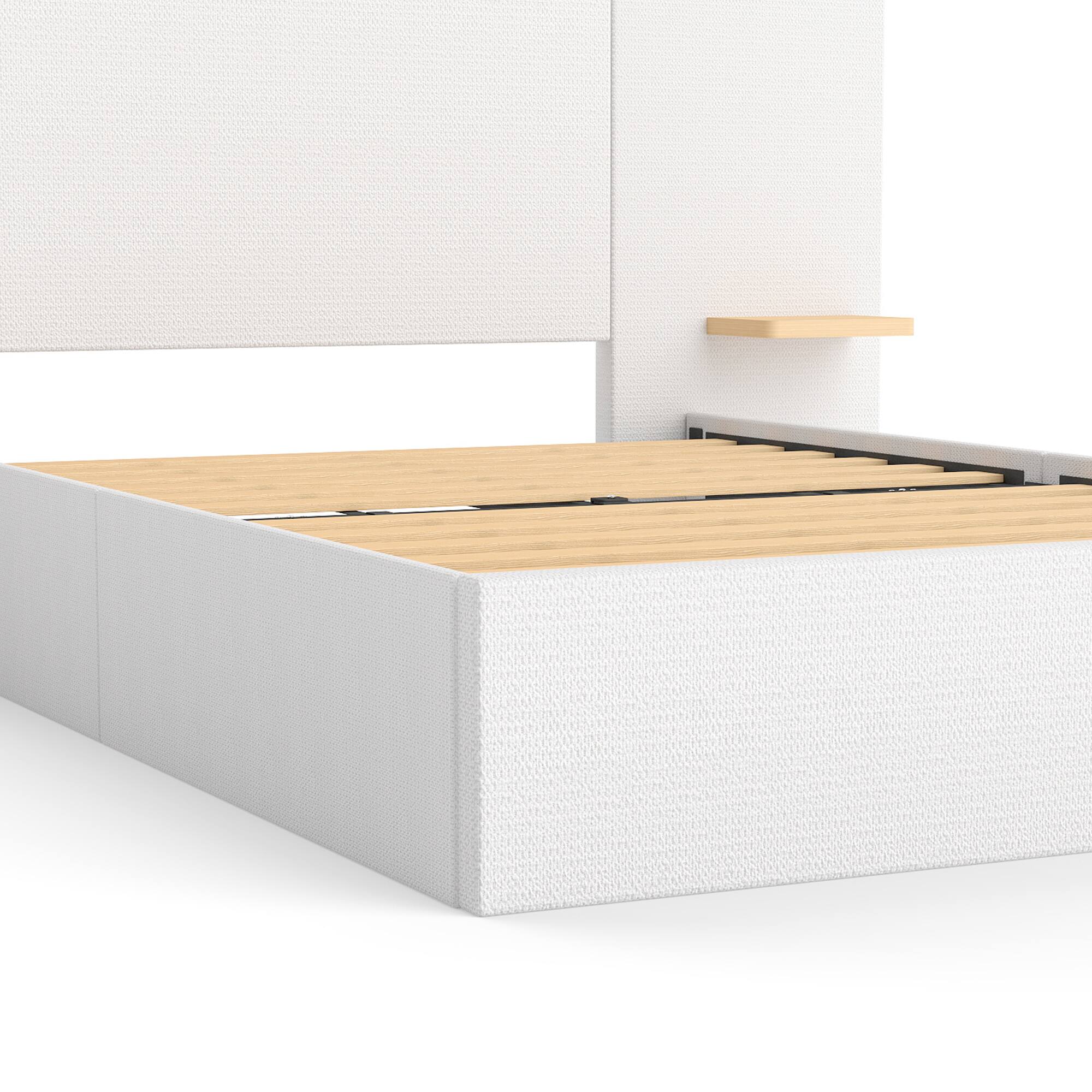 Alt View 4. Brick Attic - Upholstered Bed with Oversized Headboard & Side Shelves,Solid Wood Frame,Left & Right Storage for Phone and Books - White.