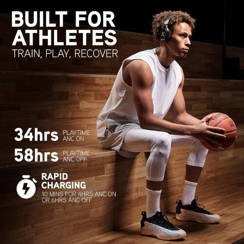 BUILT FOR ATHLETES  
TRAIN, PLAY, RECOVER  

34hrs PLAYTIME ANC ON  
58hrs PLAYTIME ANC OFF  

RAPID CHARGING  
10 MINS FOR 4HRS ANC ON OR 6HRS ANC OFF