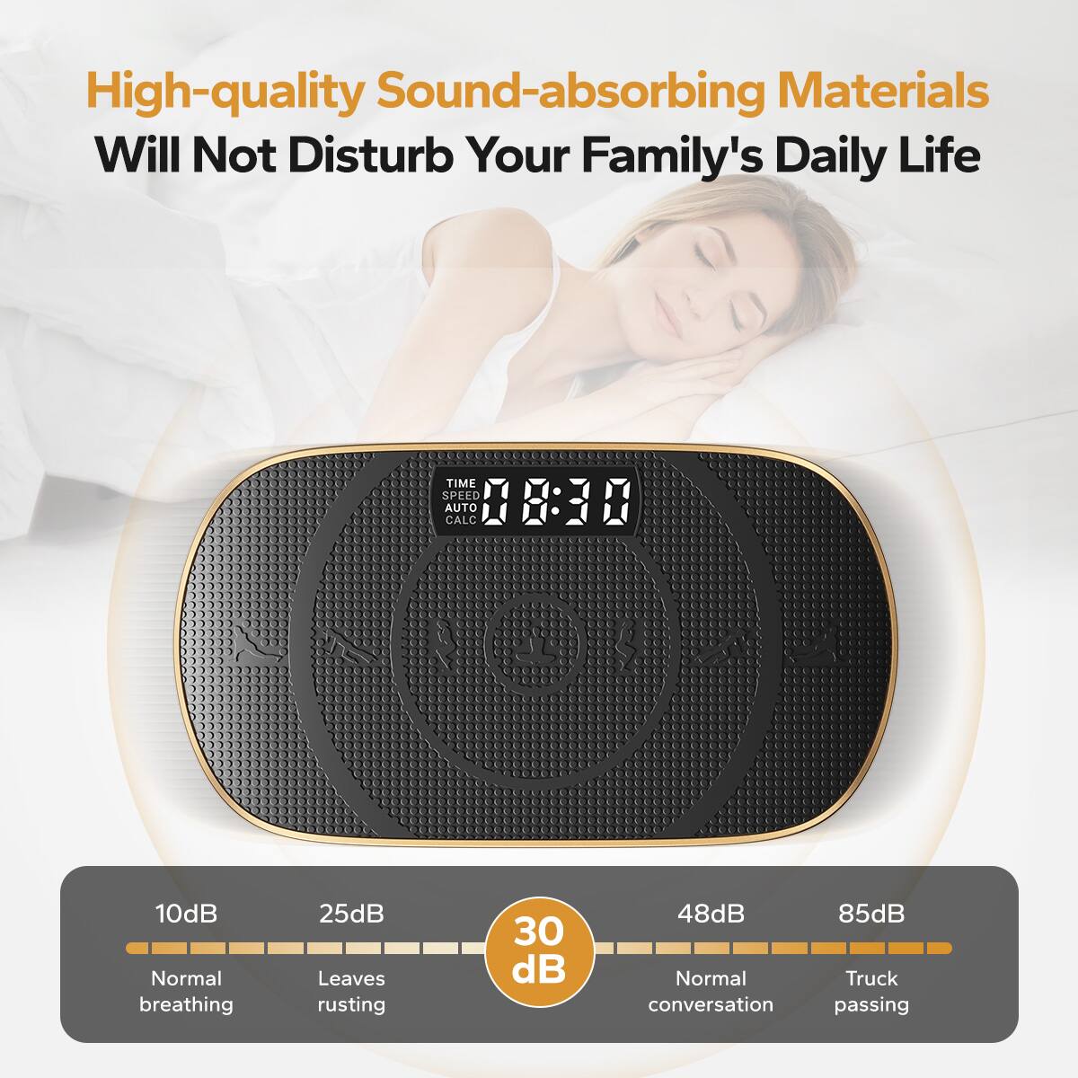 High-quality Sound-absorbing Materials Will Not Disturb Your Family's Daily Life

TIME SPEED AUTO CALC 18:30

10dB Normal breathing  
25dB Leaves rusting  
30 dB  
48dB Normal conversation  
85dB Truck passing