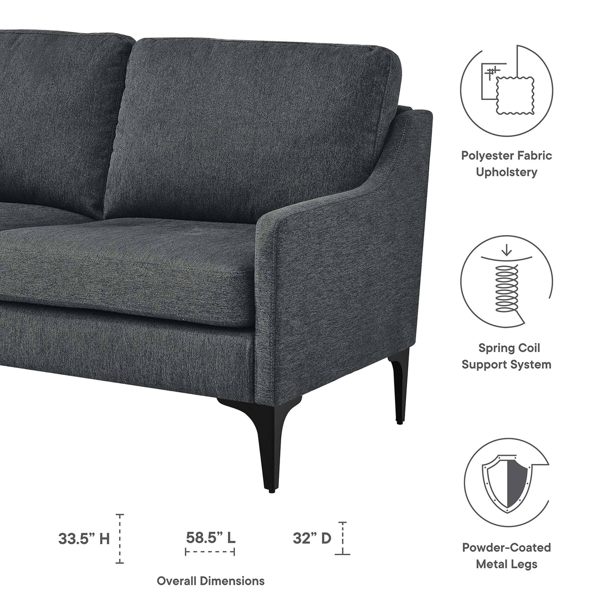 Polyester Fabric Upholstery  
Spring Coil Support System  
33.5" H  
58.5" L  
32" D  
Powder-Coated Metal Legs