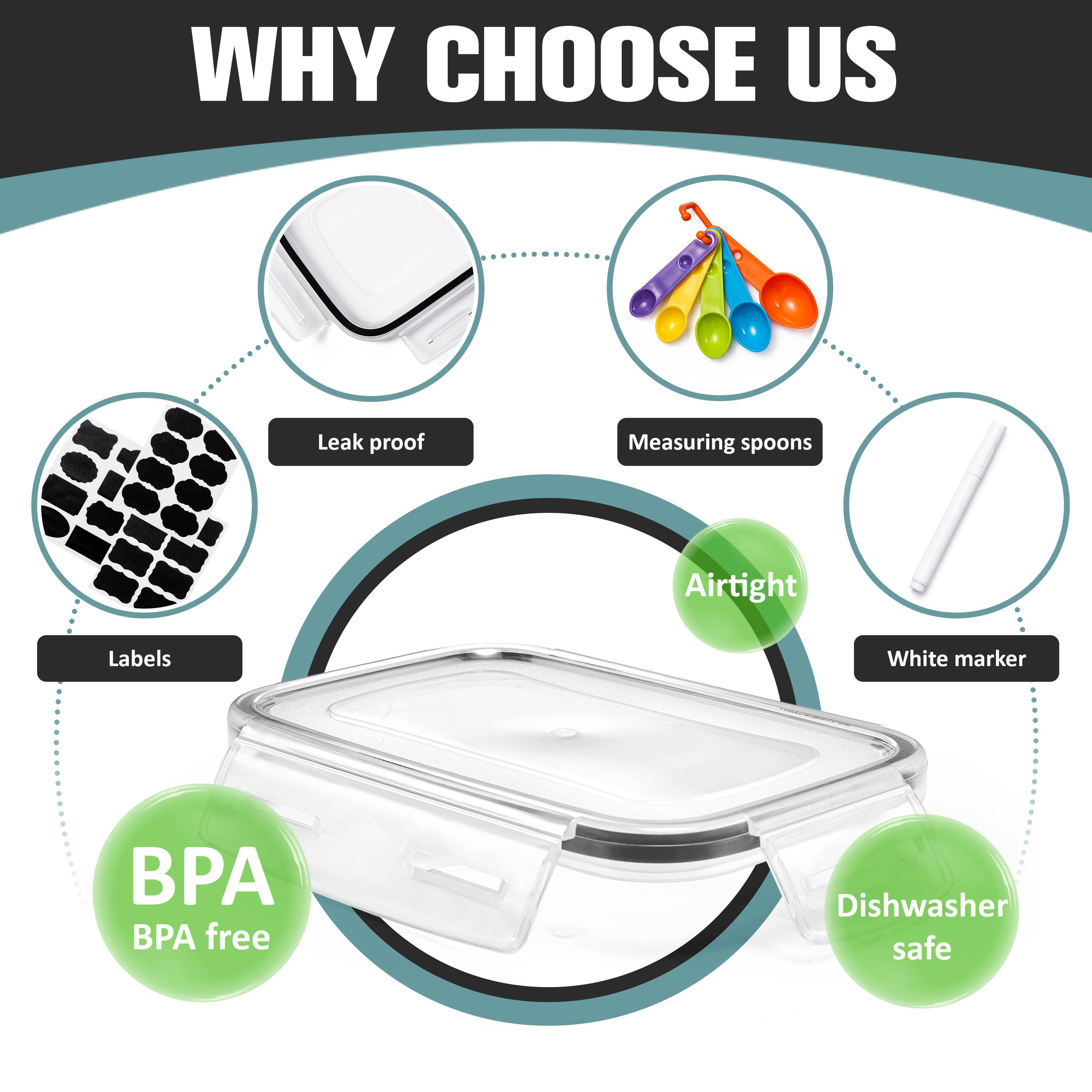 WHY CHOOSE US

- Leak proof
- Labels
- BPA free
- Airtight
- Measuring spoons
- White marker
- Dishwasher safe