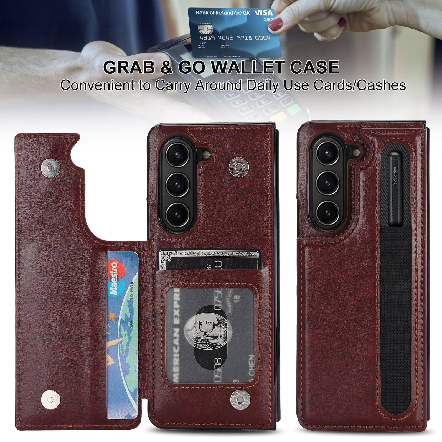Bank of Ireland UK VISA  
4319 4042 718 0004  

GRAB & GO WALLET CASE  
Convenient to Carry Around Daily Use Cards/Cashes  

Fold Edition Maestro  
WORLD OF EMIUAECARO  
AMERICAN EXPRESS  
57 8 0758 0508 18 3  
CHEN