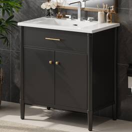 Boyel Living - 31 Inch Bathroom Vanity with Sink Soft Close Doors Adjustable Shelf Curved Design Rubber Wood Legs - Black