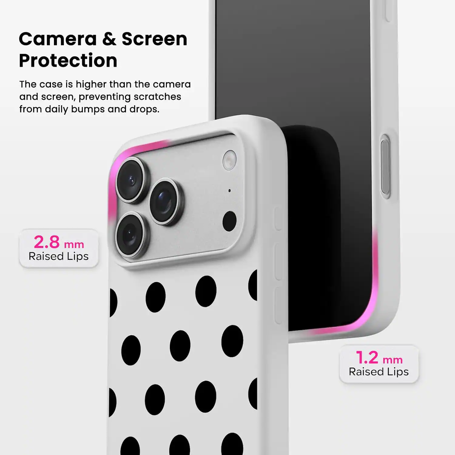 Camera & Screen Protection

The case is higher than the camera and screen, preventing scratches from daily bumps and drops.

2.8 mm Raised Lips

1.2 mm Raised Lips