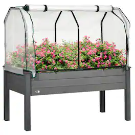 Outsunny - Raised Garden Bed with PE Greenhouse Cover Outdoor Elevated Wood Planter Box for Herbs and Vegetables, Use for Patio - Dark Gray