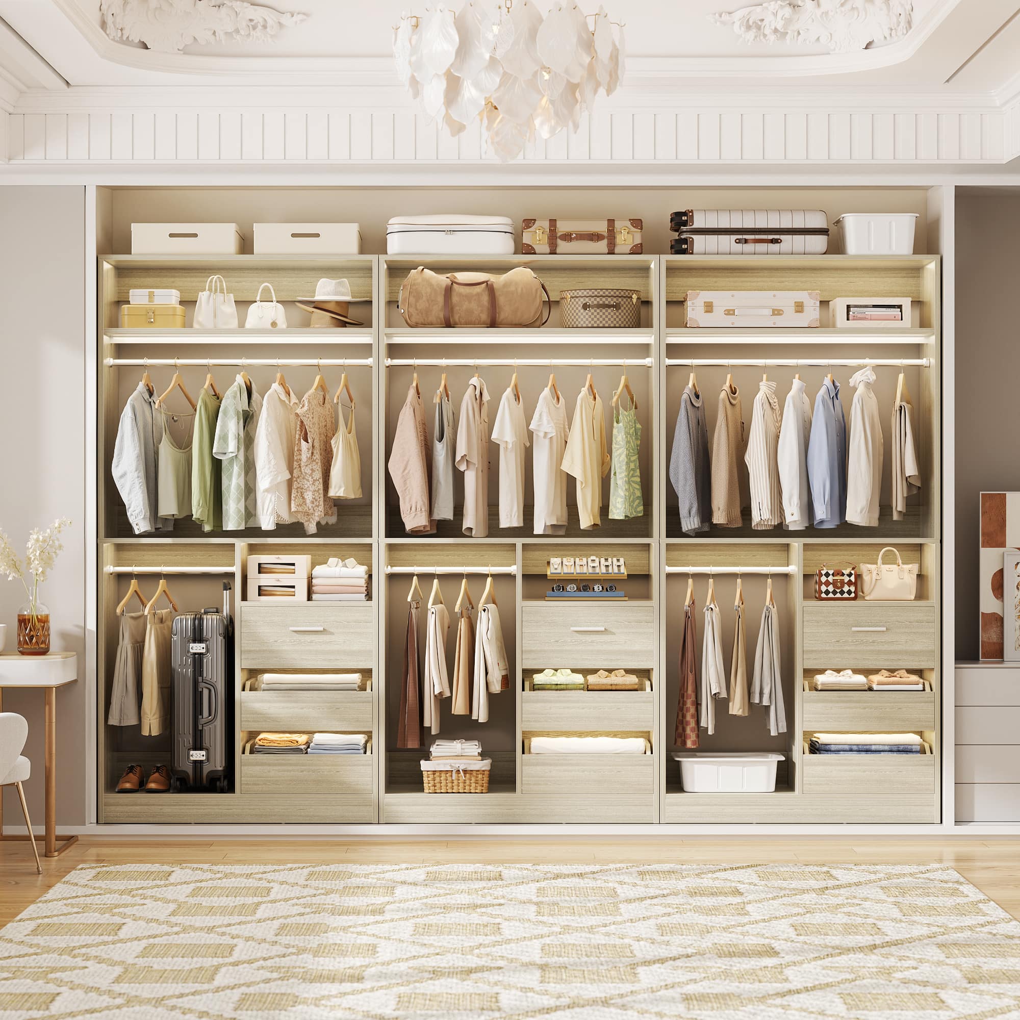 Aheaplus - 108"W x 16"D x 80"H 3-Piece Heavy Duty Closet Organizer System with Drawers & Rods - White Oak