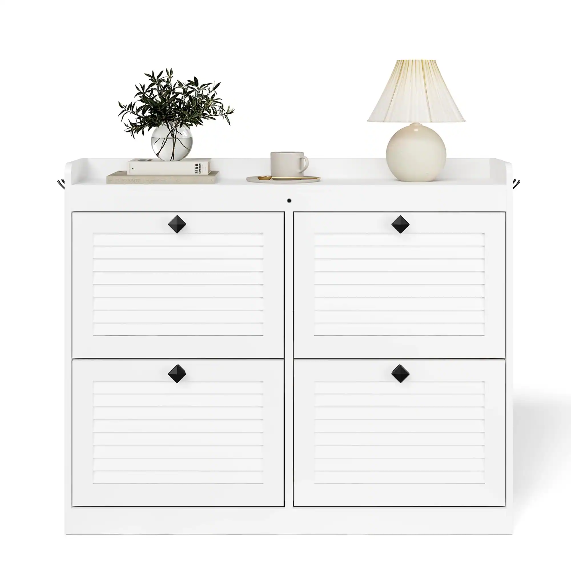 Front. Jojoka - Large Shoe Storage Cabinet with 4 Flip Drawers, Freestanding Narrow Shoe Organizer with Hooks and Storage - White.