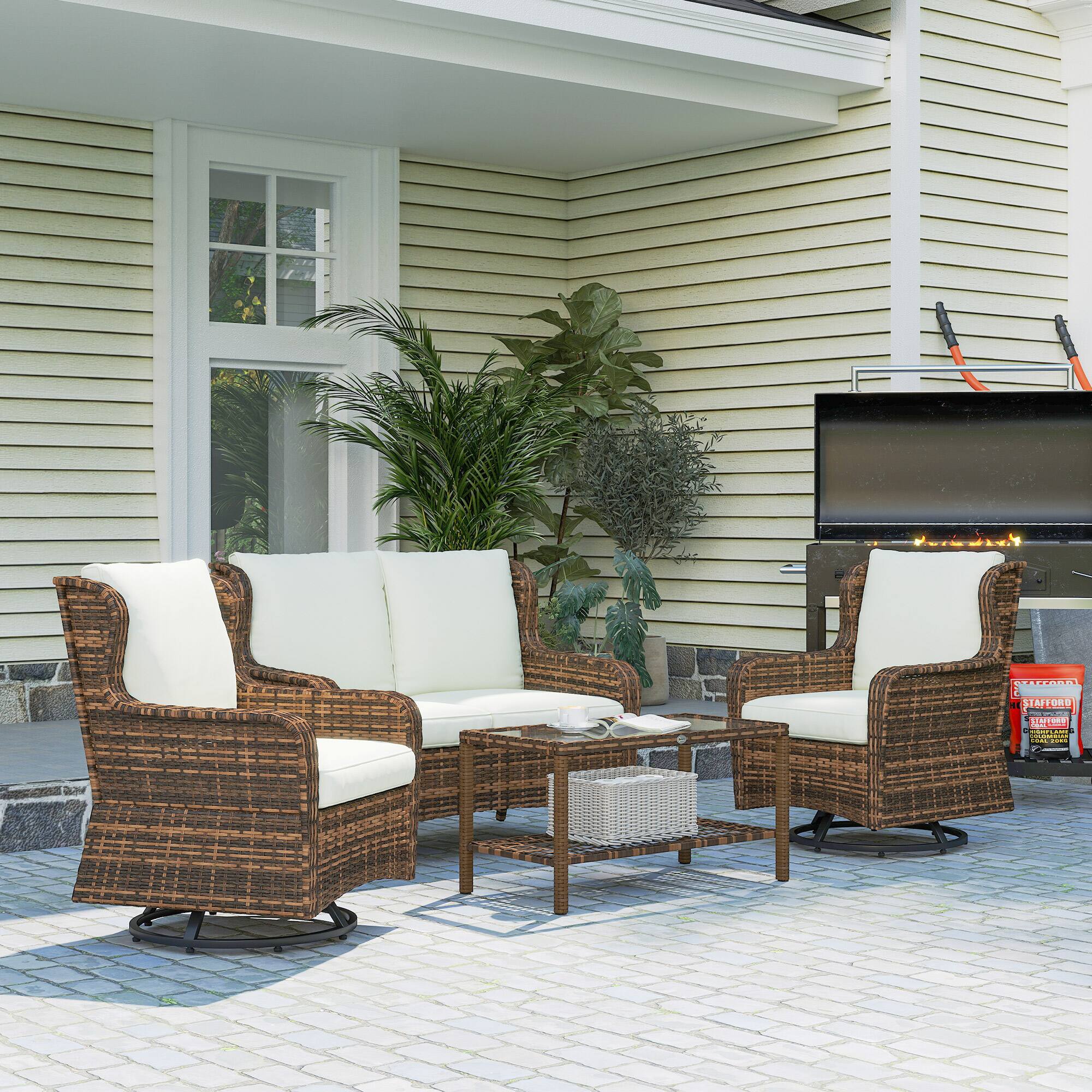 Alt View 8. Outsunny - Piece Rattan Patio Furniture Set, Conversation Set with Swivel Glider Chairs Table Loveseat for Garden - Cream White.