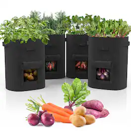 Garnen - 4 Packs 10 Gallon Garden Grow Bags, Fabric Grow Bags for Outdoor and Indoor Planters with Handles - Black
