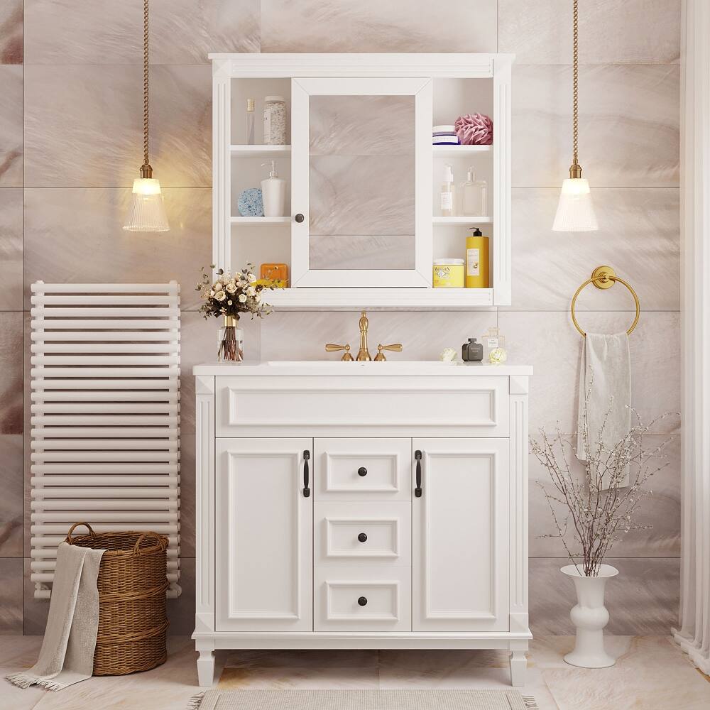 Left. Loheer - Loheer 36 Inch Bathroom Vanity with Sink and Mirror Cabinet, White Modern Bathroom Vanity with Soft Close Doors - White.