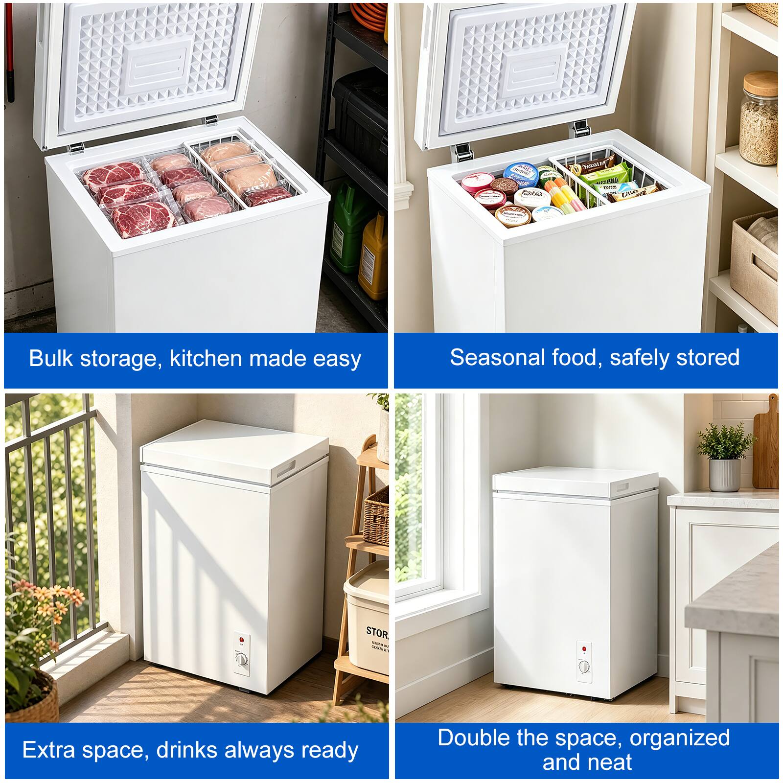 Bulk storage, kitchen made easy  
Seasonal food, safely stored  
Extra space, drinks always ready  
Double the space, organized and neat