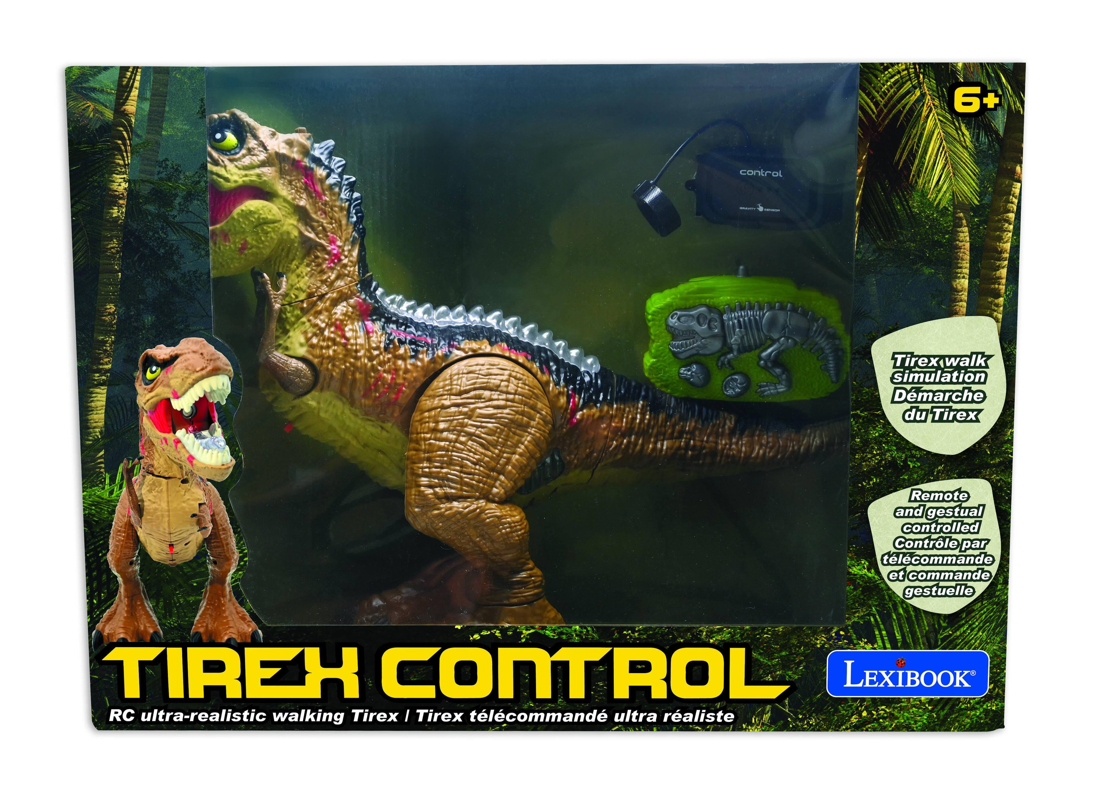 6+  
control  

Tirex walk simulation  
Démarche du Tirex  
Remote and gestual controlled  
Contrôle par télécommande et commande gestuelle  
TIREX CONTROL  
LEXIBOOK RC ultra-realistic walking Tirex / Tirex télécommandé ultra réaliste