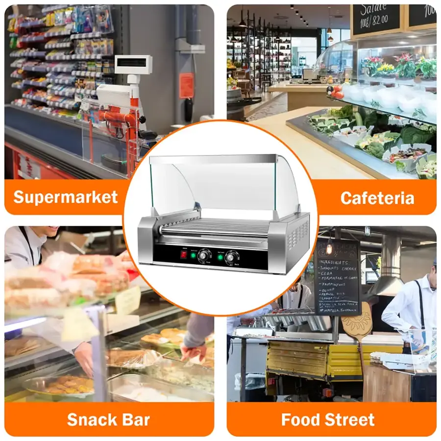 The image shows a variety of food options available in different settings. The top left image displays a salad bar with a variety of salads, including a taco salad. The top right image features a cafeteria with a food line, offering a diverse selection of meals. The bottom left image displays a snack bar with a variety of snacks, including crackers and cheese. The bottom right image showcases a food street with a wide range of food options available for purchase.